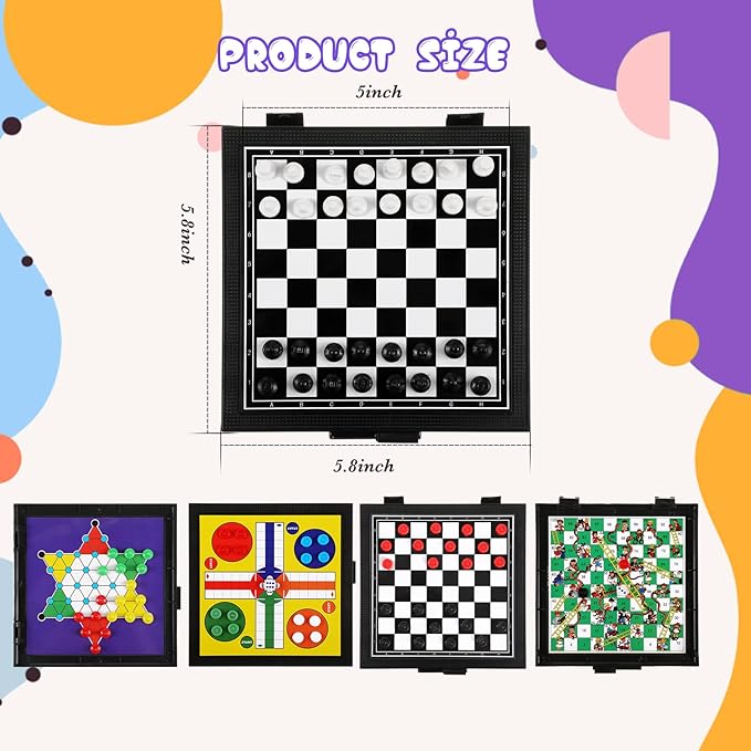PREMIUM 5 in 1 Small Chess Checkers Board Game Set Travel Game Road and Flight Trip Essentials Magnetic Travel Chess Checkers for Trip Camping Activities Party Game for Adults and Teens