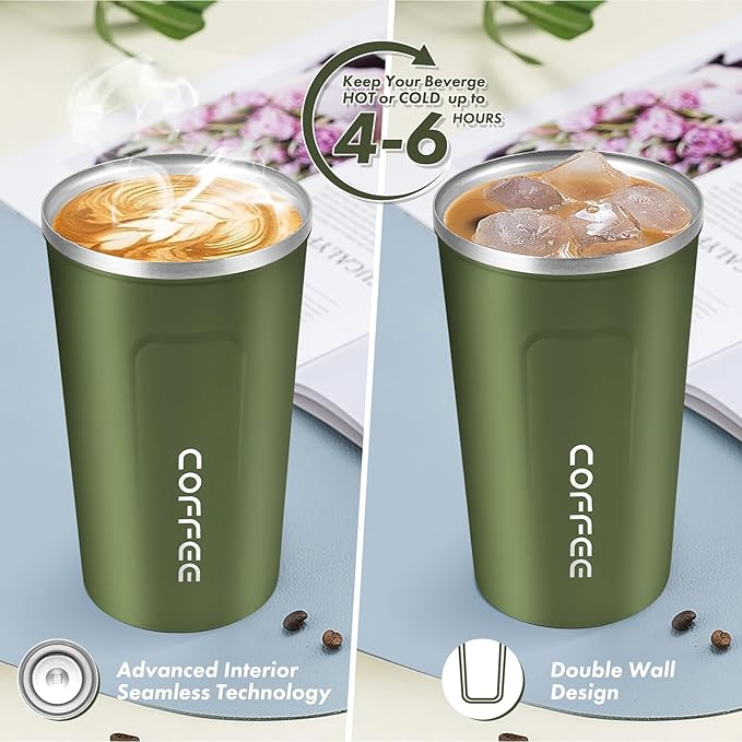 PREMIUM 500ml Hot and Cold Stainless Coffee Thermo Vacuum Flask with Leak Proof Lid, Reusable Insulated Travel Mug Takeaway Travel Coffee Mug for Car/Outdoor/Picnic/Office/School