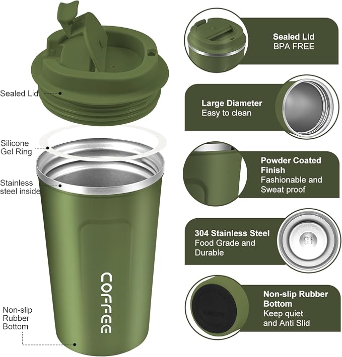 PREMIUM 500ml Hot and Cold Stainless Coffee Thermo Vacuum Flask with Leak Proof Lid, Reusable Insulated Travel Mug Takeaway Travel Coffee Mug for Car/Outdoor/Picnic/Office/School