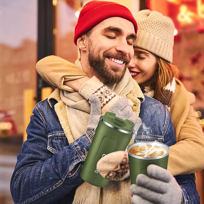 PREMIUM 500ml Hot and Cold Stainless Coffee Thermo Vacuum Flask with Leak Proof Lid, Reusable Insulated Travel Mug Takeaway Travel Coffee Mug for Car/Outdoor/Picnic/Office/School