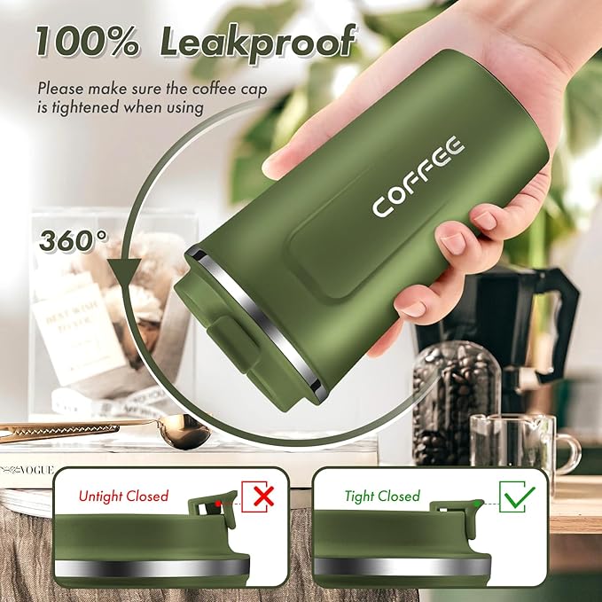 PREMIUM 500ml Hot and Cold Stainless Coffee Thermo Vacuum Flask with Leak Proof Lid, Reusable Insulated Travel Mug Takeaway Travel Coffee Mug for Car/Outdoor/Picnic/Office/School