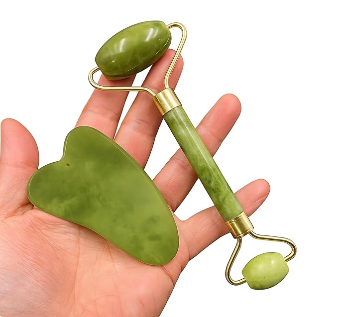 ORIGINAL 3in1 Natural Stone Derma Facial Jade Roller Massager Facial Roller & Gua Sha | Natural Beauty Tools for Firming Skin, Reducing Puffiness & Anti-Wrinkle Care | Face & Neck Therapy Set