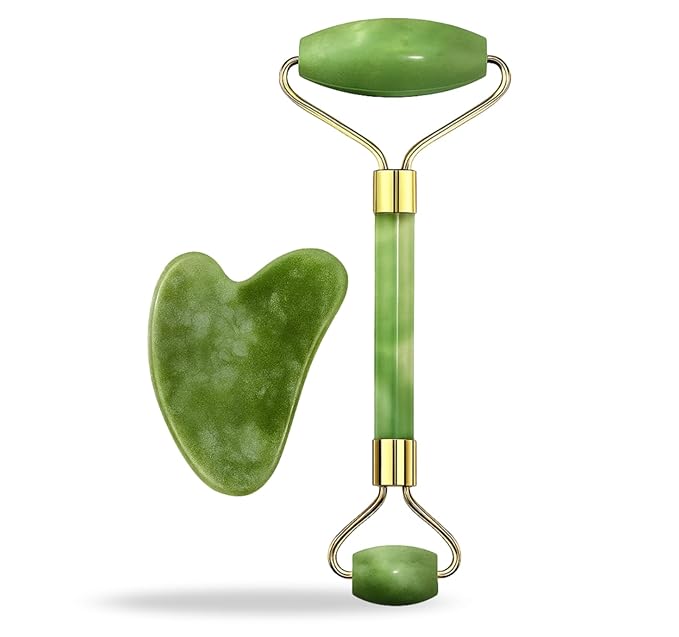 ORIGINAL 3in1 Natural Stone Derma Facial Jade Roller Massager Facial Roller & Gua Sha | Natural Beauty Tools for Firming Skin, Reducing Puffiness & Anti-Wrinkle Care | Face & Neck Therapy Set