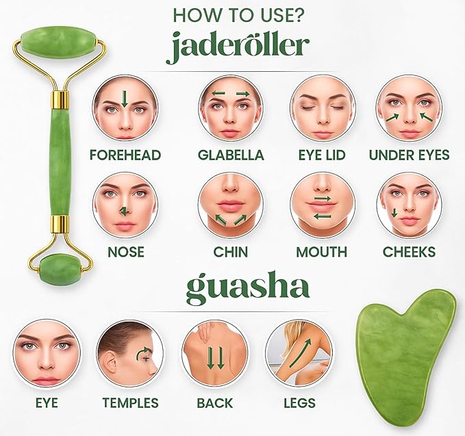 ORIGINAL 3in1 Natural Stone Derma Facial Jade Roller Massager Facial Roller & Gua Sha | Natural Beauty Tools for Firming Skin, Reducing Puffiness & Anti-Wrinkle Care | Face & Neck Therapy Set