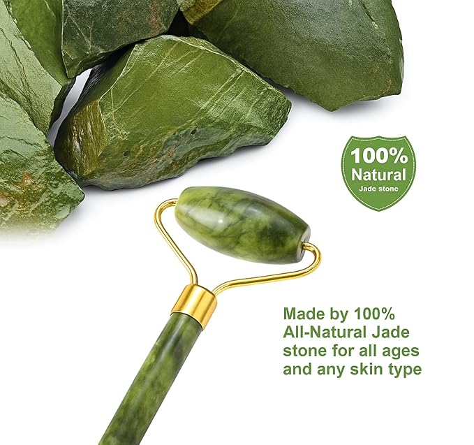 ORIGINAL 3in1 Natural Stone Derma Facial Jade Roller Massager Facial Roller & Gua Sha | Natural Beauty Tools for Firming Skin, Reducing Puffiness & Anti-Wrinkle Care | Face & Neck Therapy Set