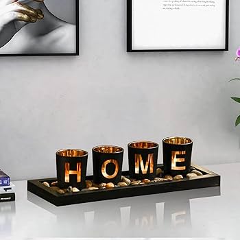 PREMIUM HOME - branded 4pc glass candle holder set with wooden placement and rock pebbles Decorative Candle Holders Set Candlescape Set with Rocks and Tray Glass Votive Candle Holders