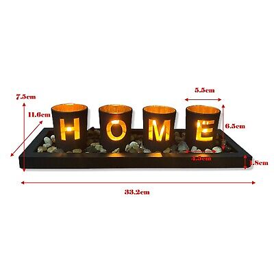 PREMIUM HOME - branded 4pc glass candle holder set with wooden placement and rock pebbles Decorative Candle Holders Set Candlescape Set with Rocks and Tray Glass Votive Candle Holders