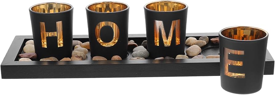 PREMIUM HOME - branded 4pc glass candle holder set with wooden placement and rock pebbles Decorative Candle Holders Set Candlescape Set with Rocks and Tray Glass Votive Candle Holders
