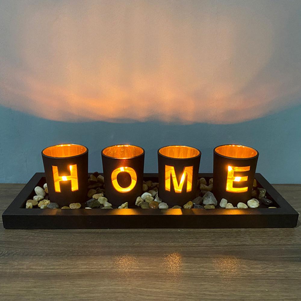 PREMIUM HOME - branded 4pc glass candle holder set with wooden placement and rock pebbles Decorative Candle Holders Set Candlescape Set with Rocks and Tray Glass Votive Candle Holders