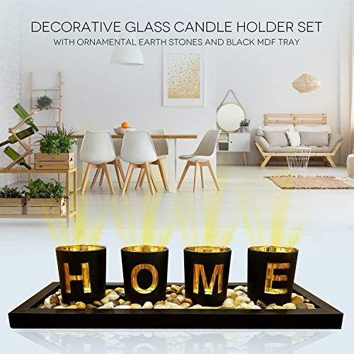 PREMIUM HOME - branded 4pc glass candle holder set with wooden placement and rock pebbles Decorative Candle Holders Set Candlescape Set with Rocks and Tray Glass Votive Candle Holders