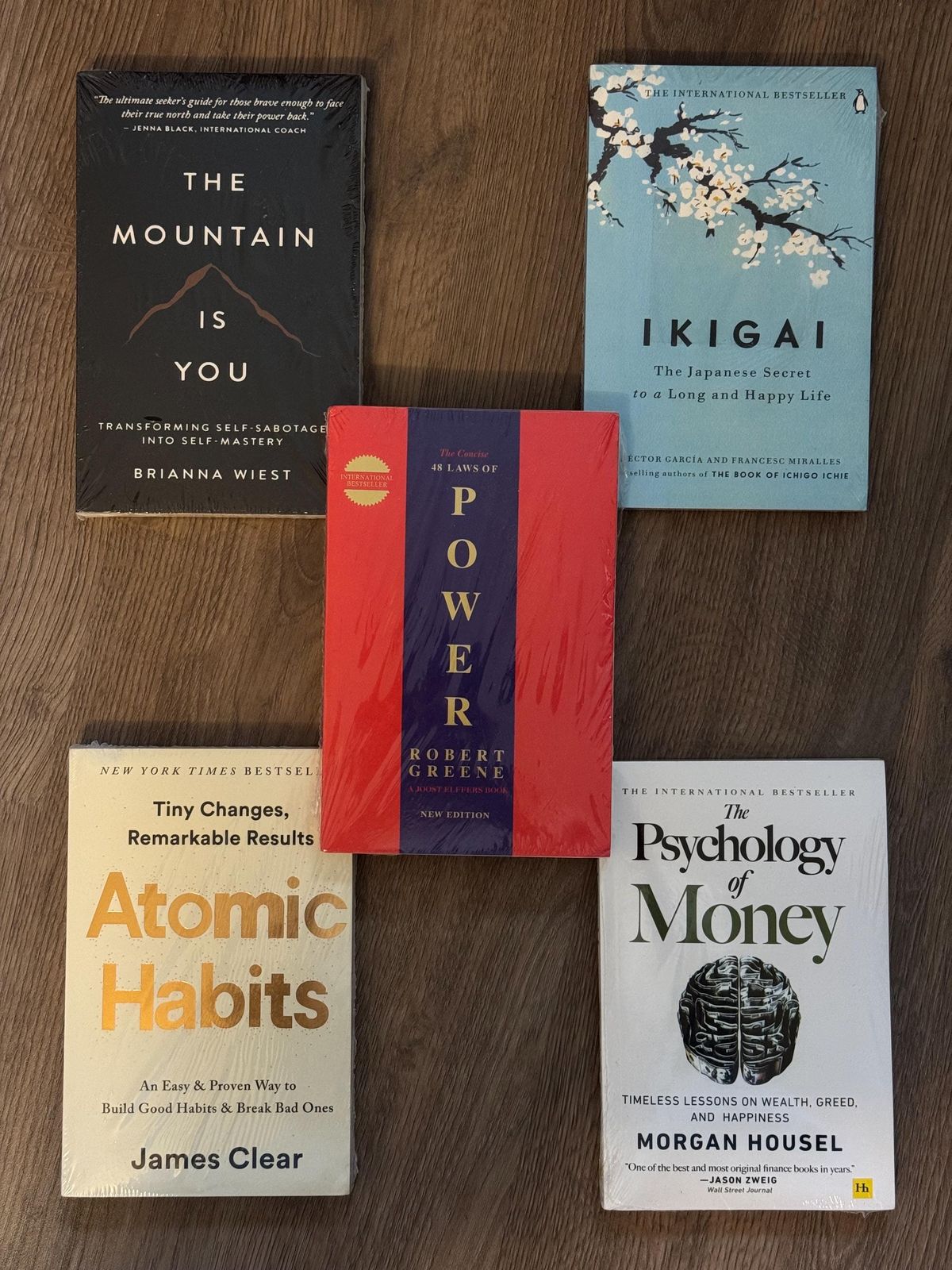 1. The Mountain is You by Brianna Wiest 2. Ikigai by Francesc Miralles and Hector Garcia 3. The 48 Laws of Power by Robert Greene 4. Atomic Habits by James Clear 5. The Psychology of Money by Morgan