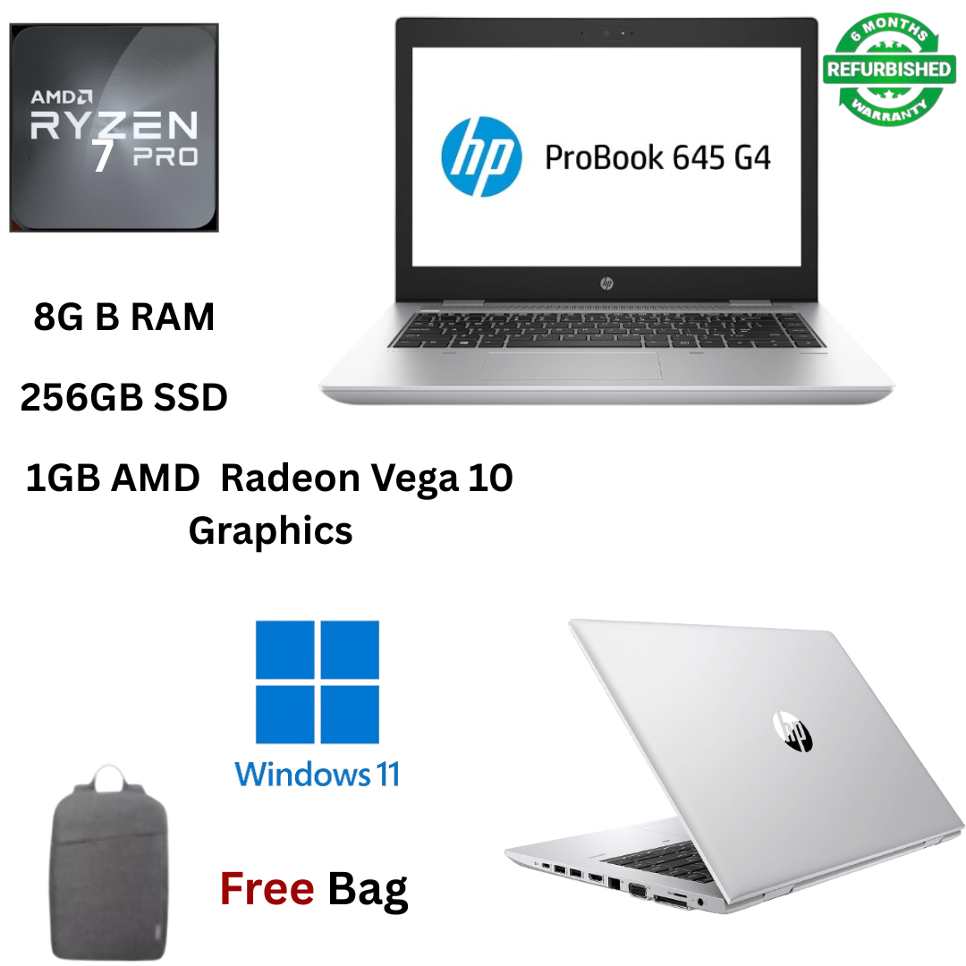Refurbished  HP ProBook 645 G4 AMD Ryzen 7 Pro 2700U 8GB RAM 256GB SSD 14 inch FHD + 1GB AMD Radeon Vega 10 Graphics Windows 11 Pro MS Office HDMI Webcam 2.2GHz Quad Core Processor Slim Laptop + Bag