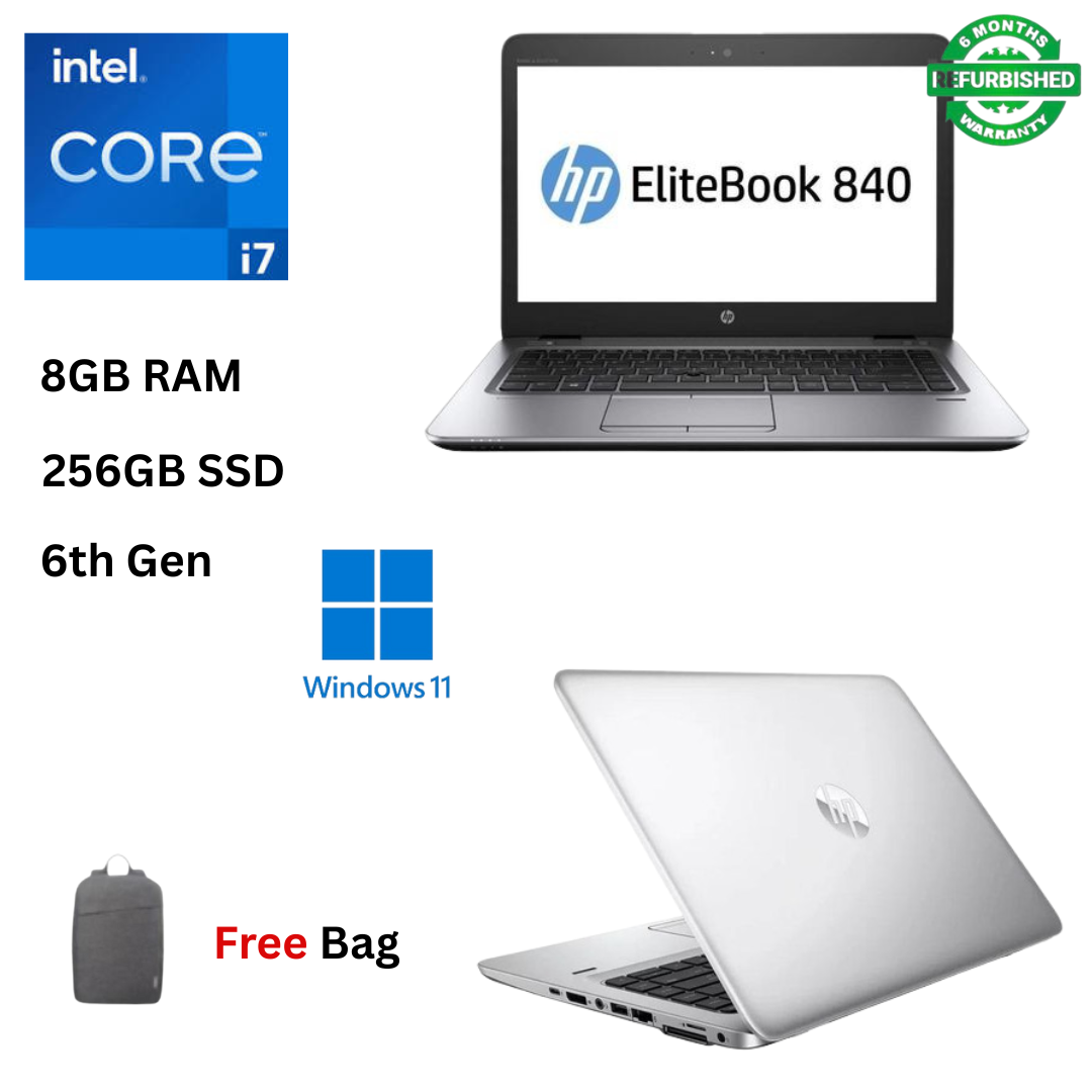 Refurbished EliteBook 840 G3 Core i7 6th Gen 8GB RAM 256GB SSD 14 Inch 2.6GHz up to 3.2GHz Dual Core Processor Windows 11 Pro MS Office 2021 Slim Refurbished Laptop + Free Bag