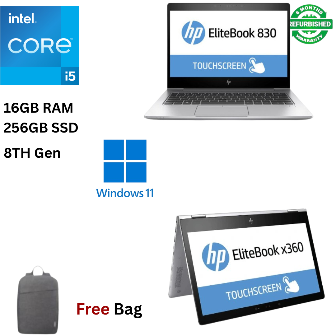 Refurbished HP EliteBook 830 G6 X360 Core I5 16GB RAM 256GB SSD 8th Gen 13.3 inches Touchscreen 2 in 1 Convertible 1.6GHz up to 3.9GHz Quad Core Processor Ultra Slim Laptop + Bag