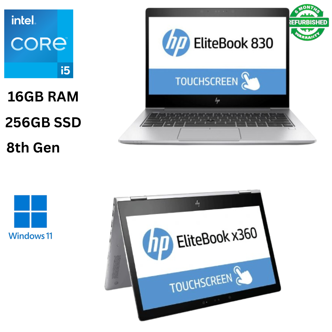 Refurbished HP EliteBook 830 G6 X360 Core I5 16GB RAM 256GB SSD 8th Gen 13.3 inches Touchscreen 2 in 1 Convertible 1.6GHz up to 3.9GHz Quad Core Processor Ultra Slim Laptop