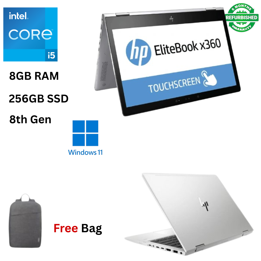 Refurbished HP EliteBook 830 G6 X360 Core I5 8GB RAM 256GB SSD 8th Gen 13.3 inches Touchscreen 2 in 1 Convertible 1.6GHz up to 3.9GHz Quad Core Windows 11 MS Office HDMI Webcam Laptop Slim + Bag
