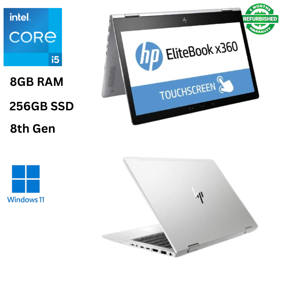 Refurbished HP EliteBook 830 G6 X360 Core I5 8GB RAM 256GB SSD 8th Gen 13.3 inches Touchscreen 2 in 1 Convertible 1.6GHz up to 3.9GHz Quad Core Windows 11 MS Office HDMI Webcam Laptop Slim