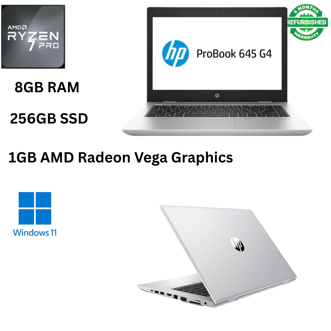 Refurbished  HP ProBook 645 G4 AMD Ryzen 7 Pro 2700U 8GB RAM 256GB SSD 14 inch FHD + 1GB AMD Radeon Vega 10 Graphics Windows 11 Pro MS Office HDMI Webcam 2.2GHz Quad Core Processor Slim Laptop