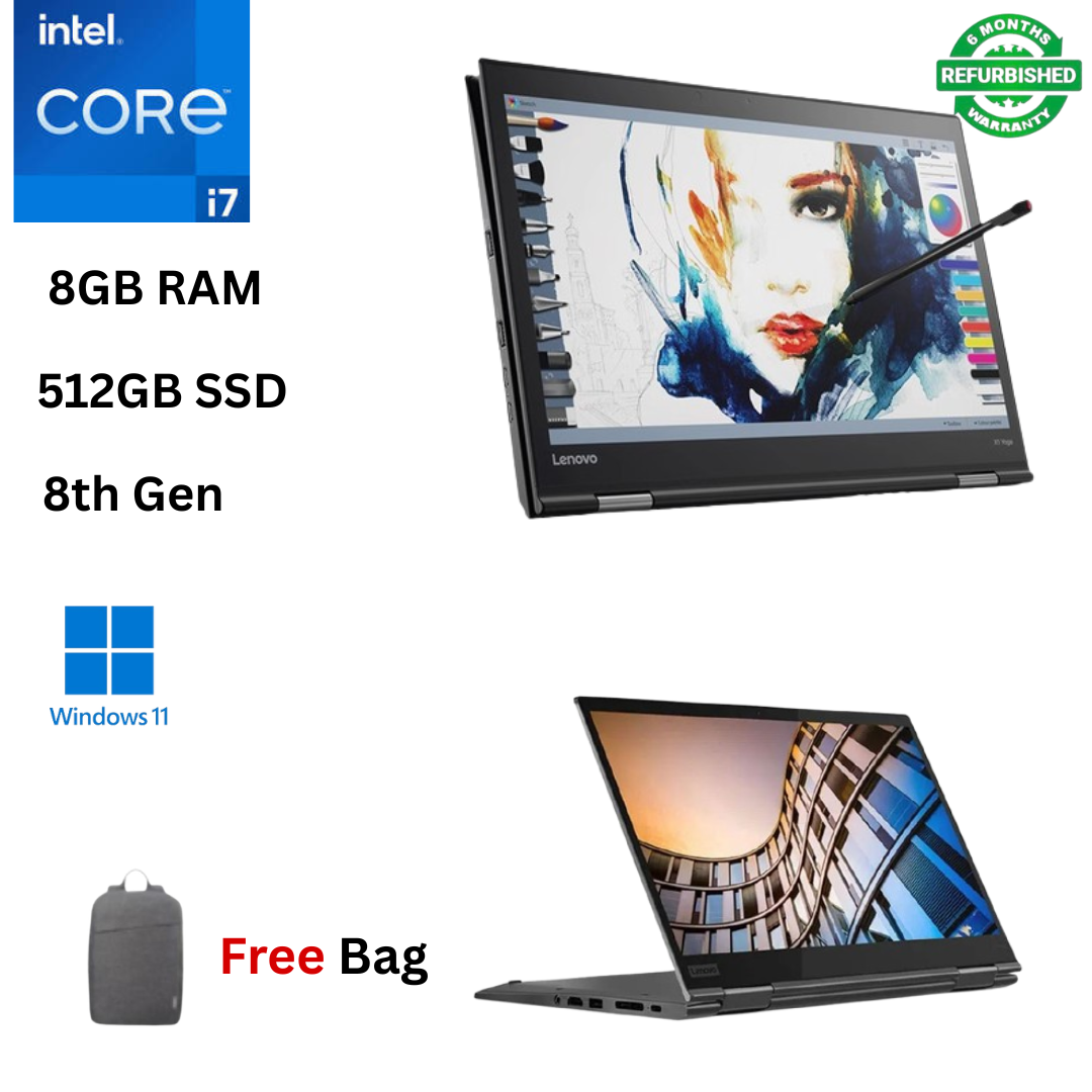 Refurbished Lenovo ThinkPad X1 Yoga X360 Core i7 8th Gen 8GB RAM 512GB SSD 14 Inch FHD Touchscreen 1.8GHz - 4.9GHz Quad Core Windows 11 Pro MS Office HDMI Webcam 2in1 Convertible Laptop + Stylus + Bag