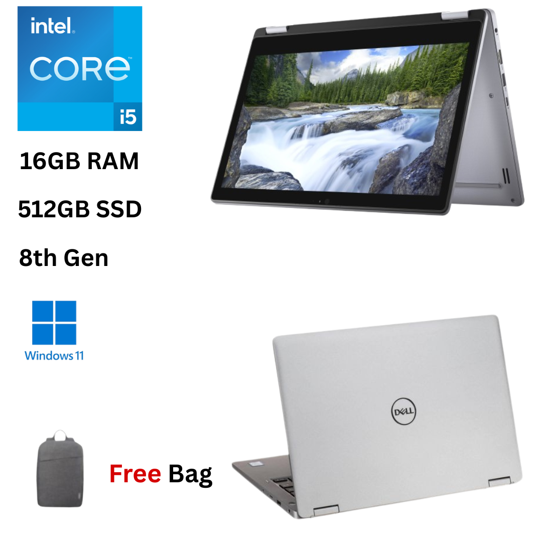 Refurbished  Dell Latitude 3310 X360 Core i5 8th Gen 16GB RAM 512GB SSD 13.3 Inch FHD Touchscreen 1.6GHz - 3.9GHz Quad Core Windows 11 Pro, MS Office HD Camera HDMI 2 in 1 Convertible Laptop + Bag