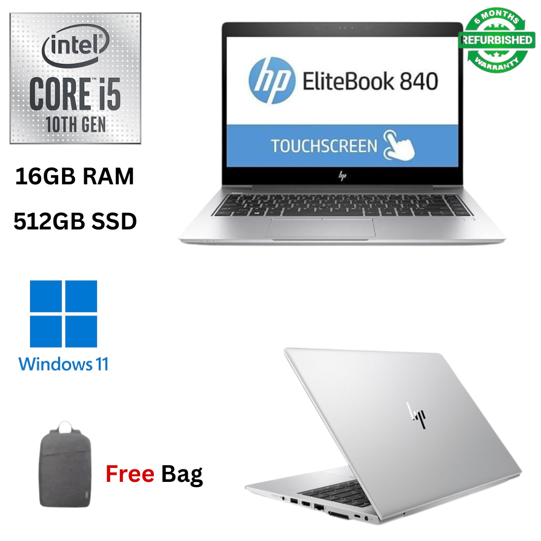 Refurbished HP EliteBook 840 G7 Core i5 10th Gen 16GB RAM 512GB SSD 14 Inch Full HD Touchscreen 1.6GHz up to 4.4GHz Quad Core Processor Windows 11 MS Office 2021 HDMI, Webcam, Slim Laptop + Free Bag