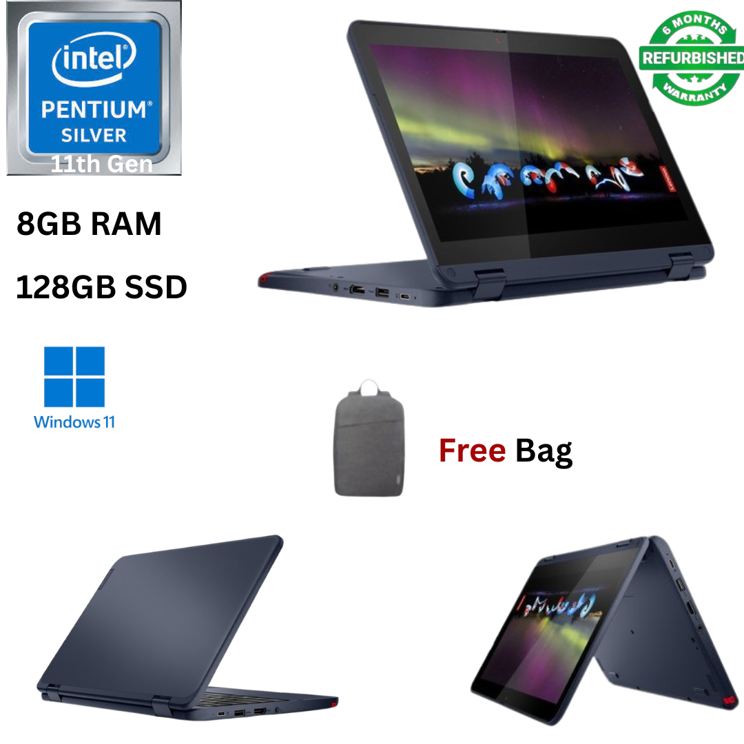 Refurbished Lenovo 500w Gen 3 x360 Intel Pentium Silver N6000 8GB RAM 128GB SSD 11.6 inch HD Touchscreen 1.1GHz - 3.3GHz Quad Core Windows 11 Pro MS Office HDMI 2 in 1 Convertible Laptop  + Bag