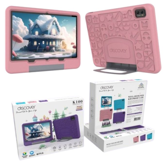Discover K100 10 Inch 512GB 8GB RAM Android Kids Android Tablet Dual Sim 5G Wi-Fi, Games, Learning Apps, Parental control, Protective cover + Free Gifts - Pink