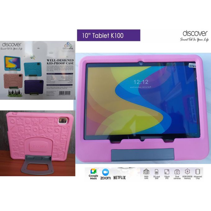 Discover K100 10 Inch 512GB 8GB RAM Android Kids Android Tablet Dual Sim 5G Wi-Fi, Games, Learning Apps, Parental control, Protective cover + Free Gifts - Pink