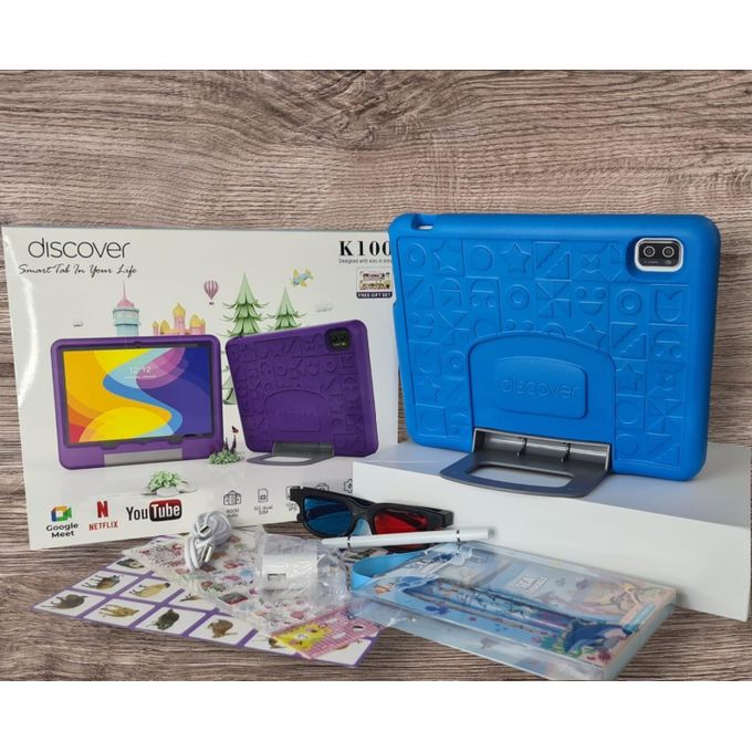 Discover K100 10 Inch 512GB 8GB RAM Android Kids Android Tablet Dual Sim 5G Wi-Fi, Games, Learning Apps, Parental control, Protective cover + Free Gifts - Blue