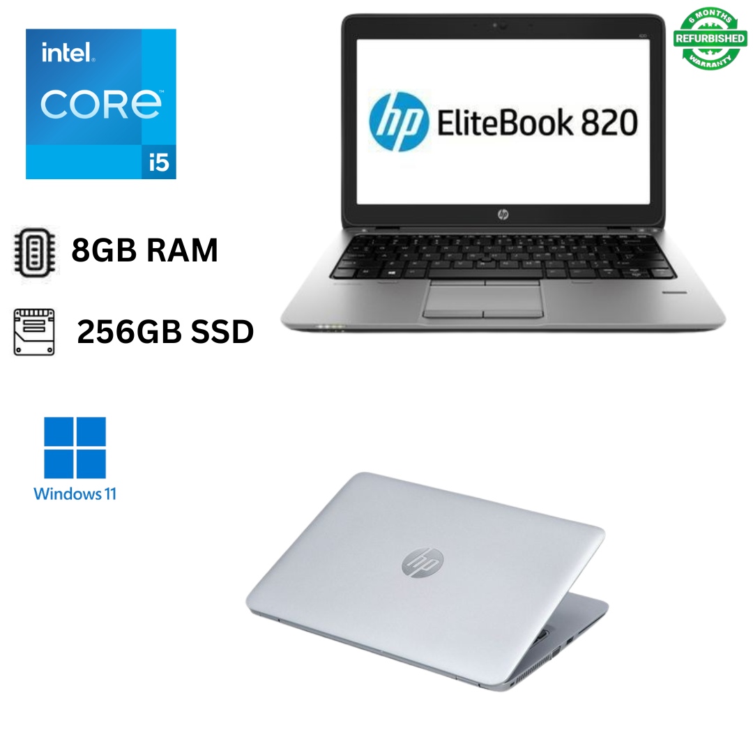 Refurbished HP EliteBook 820 G3 Core I5 6th Gen 8GB RAM 256GB SSD 12.5 inch HD 2.4GHz up to 3.0GHz Dual Core Processor Windows 11 Pro, MS Office Ultraslim DOS Laptop