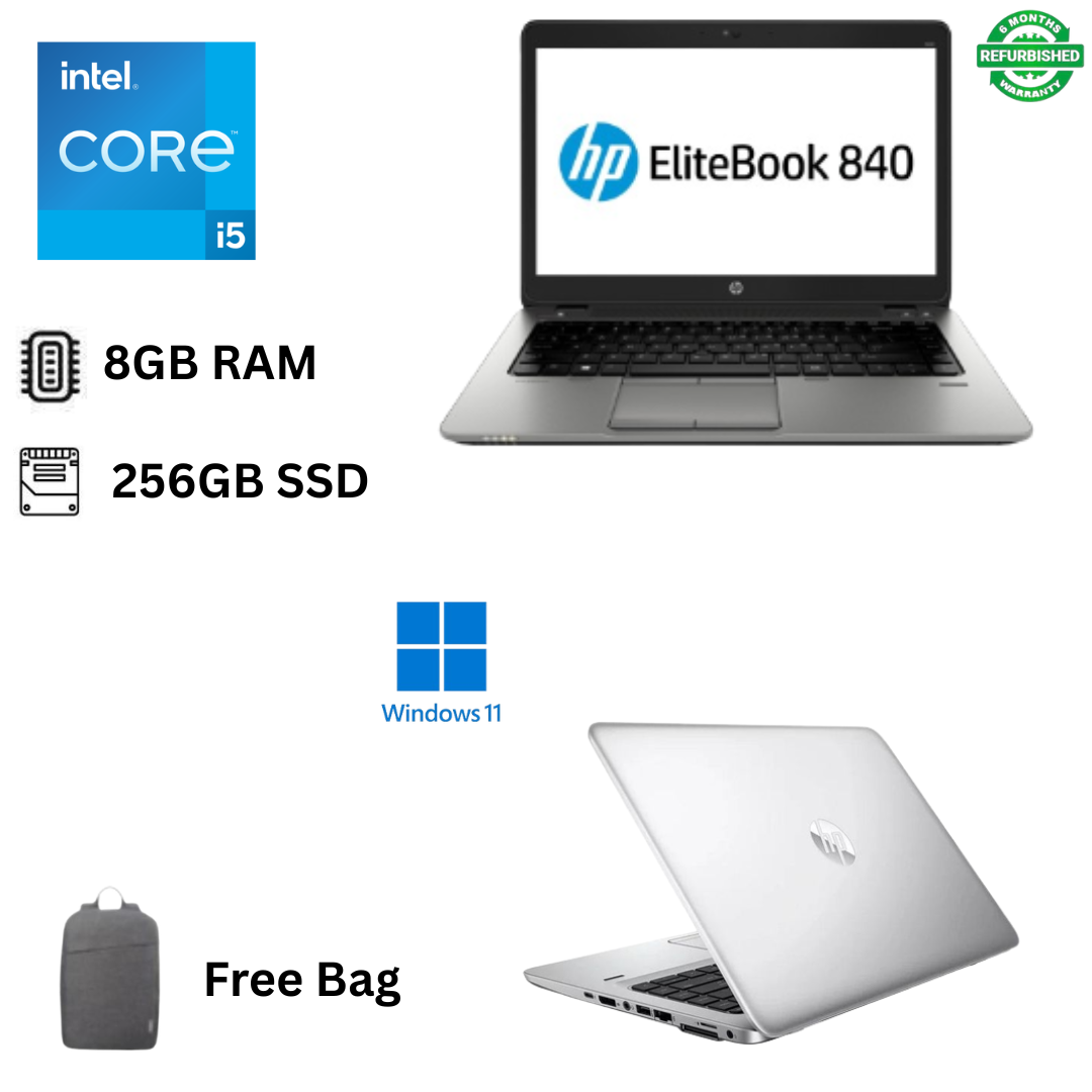 Refurbished HP EliteBook 840 G3 Core i5 6th Gen 8GB RAM 256GB SSD 14 Inches 2.4GHz up to 3.0GHz  Dual Core Windows 11 Pro MS Office Slim Refurbished Laptop + Free Bag