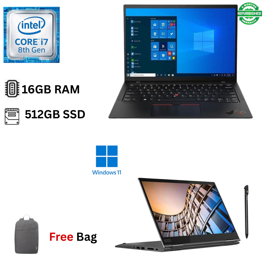 Refurbished Lenovo ThinkPad X1 Yoga X360 Core i7 8th Gen 16GB RAM 512GB SSD 14 Inch FHD Touchscreen 1.8GHz - 4.9GHz Quad Core Windows 11 Pro MS Office HDMI Webcam 2in1 Convertible Laptop + Stylus  Bag