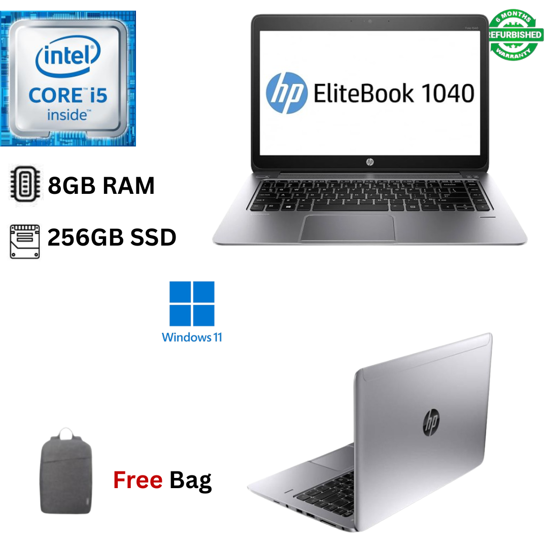 Refurbished HP EliteBook Folio 1040 G3 Core i5 6th Gen 8GB RAM 256GB SSD 14Inch 2.4GHz up to 3.0GHz Dual Core Proceesor Windows 11 Pro, MS Office, HDMI, HD Camera Ultra Slim Laptop + Bag
