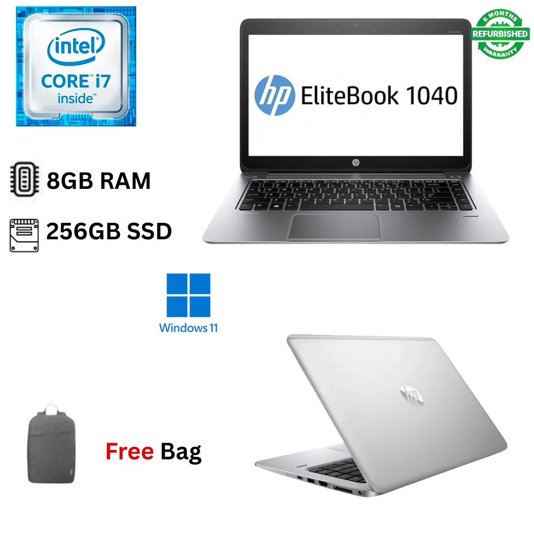 Refurbished HP EliteBook Folio 1040 G3 Core i7 6th Gen 8GB RAM 256GB SSD 14Inch 2.6GHz up to 3.2GHz Dual Core Proceesor Windows 11 Pro, MS Office, HDMI, HD Camera Ultra Slim Laptop + Bag