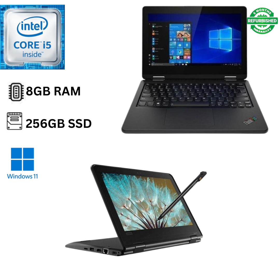 Refurbished Lenovo ThinkPad Yoga 11e X360 Core i5 7th Gen 8GB RAM 256GB SSD 11.6 Inch HD Touchscreen 2 in 1 Convertible 
1.2GHz - 3.0GHz Dual Core Processor Windows 11 Pro MS Office +Stylus Pen