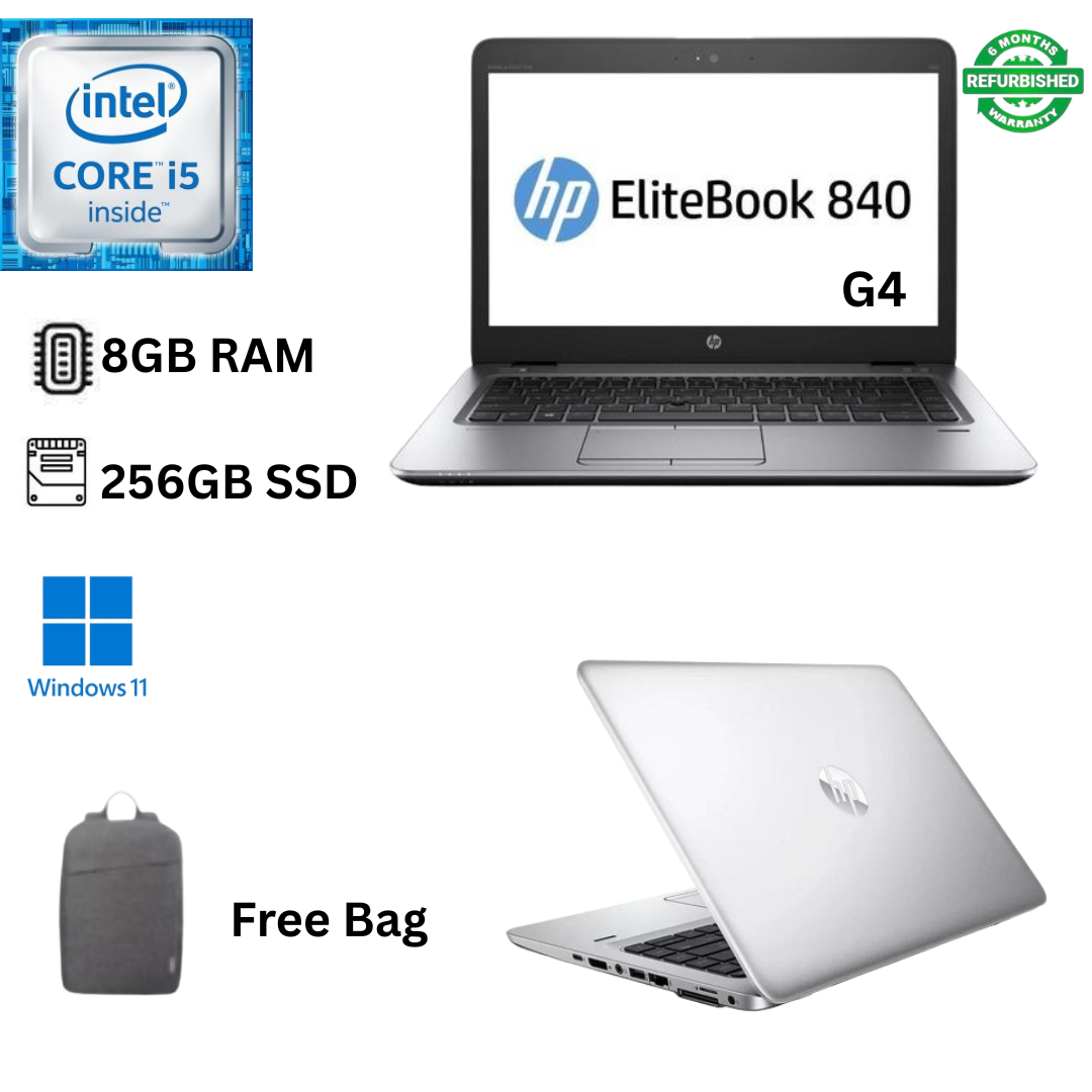 Refurbished HP EliteBook 840 G4 Core I5 8GB RAM 256GB SSD 7th Gen 14 Inch FHD 2.5GHz up to 3.2GHz Dual Core Processor Windows 11 Pro MS Office 2021 Slim Laptop + Bag