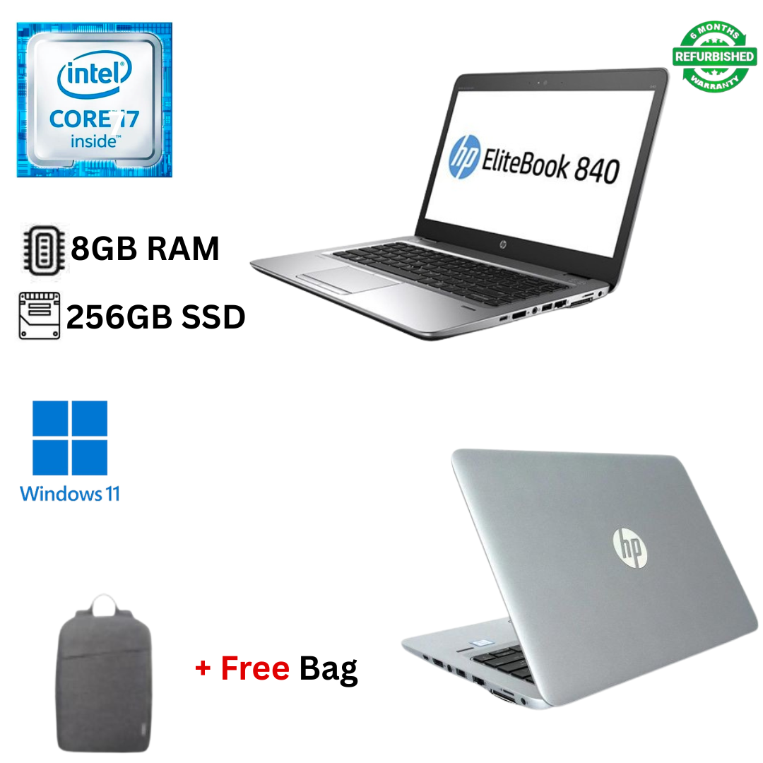 Refurbished HP EliteBook 840 G4 Core I7 8GB RAM 256GB SSD 7th Gen 14 Inch FHD 2.7GHz up to 3.4GHz Dual Core Processor Windows 11 Pro MS Office 2021 Slim Laptop + Bag