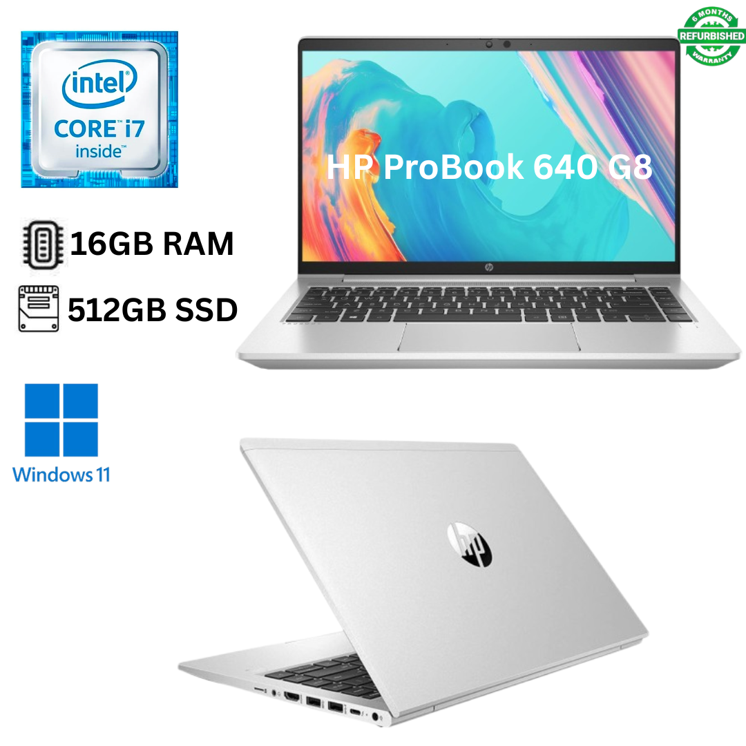 Refurbished HP ProBook 640 G8 Core i7 11th Gen 16GB RAM 512GB SSD 14 Inch FHD 3.0GHz - 4.7GHz Quad Core Processor Windows 11 Pro MS Office, HDMI Webcam Ultra Slim Laptop