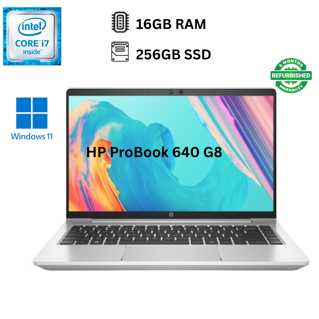Refurbished HP ProBook 640 G8 Core i7 11th Gen 16GB RAM 256GB SSD 14 Inch FHD 3.0GHz - 4.7GHz Quad Core Processor Windows 11 Pro MS Office, HDMI Webcam Ultra Slim Laptop