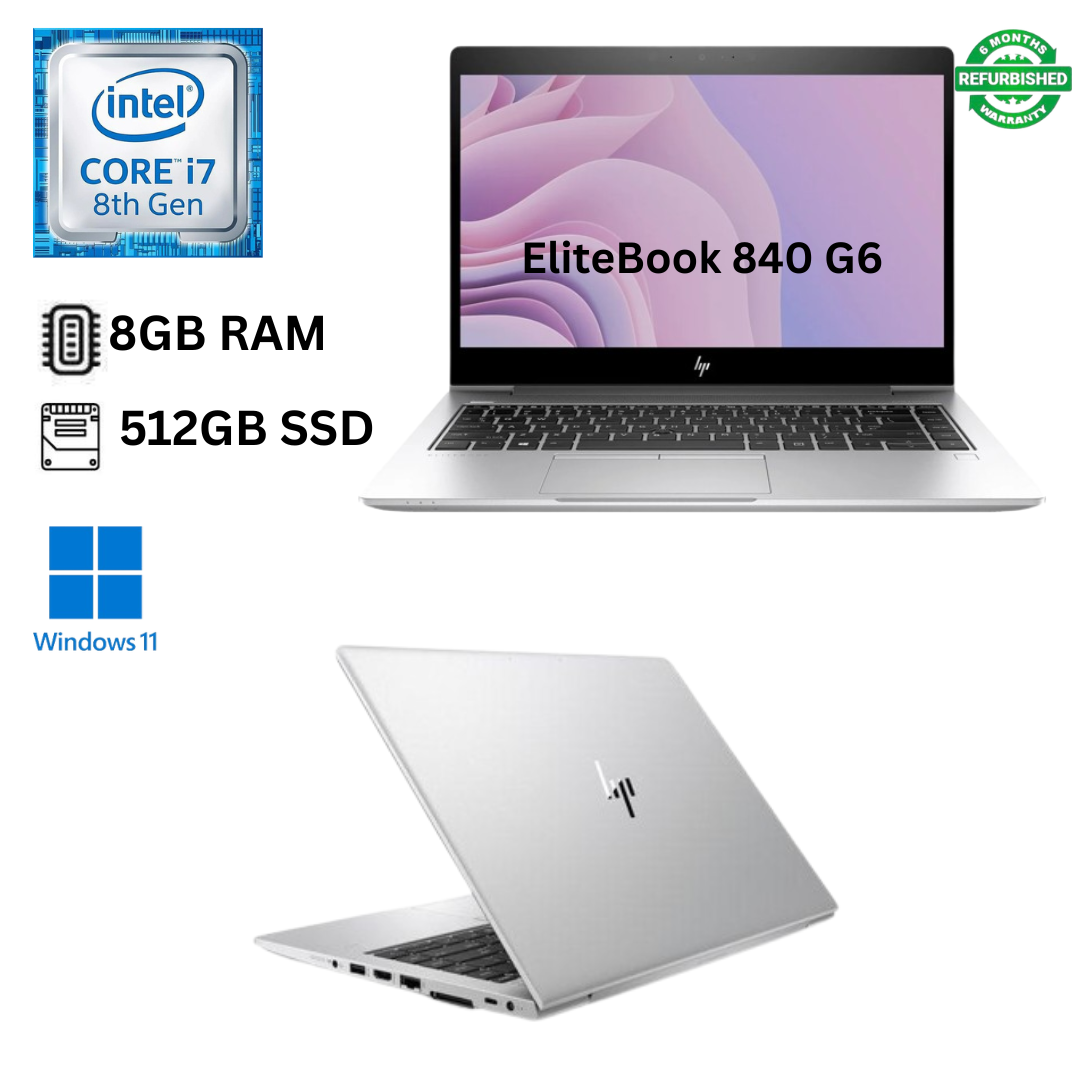 Refurbished HP EliteBook 840 G6 Core I7 8th Gen 8GB RAM 512GB SSD 14 inches Full HD 1.8GHz UP TO 4.2GHz Quad Core Processor Windows 11 Pro MS Office 2021 HDMI Webcam Ultra Slim Laptop