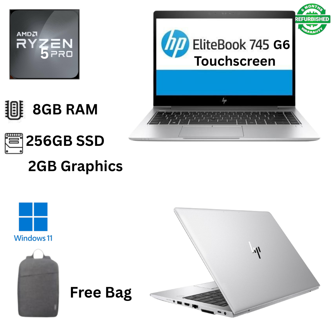 Refurbished HP EliteBook 745 G6 AMD Ryzen 5 PRO 3500U 8GB RAM 256GB SSD 14 Inches FHD Touchscreen + 2GB AMD Radeon Vega Graphics Windows 11 Pro MS Office, Ultra Slim Laptop + Free Bag