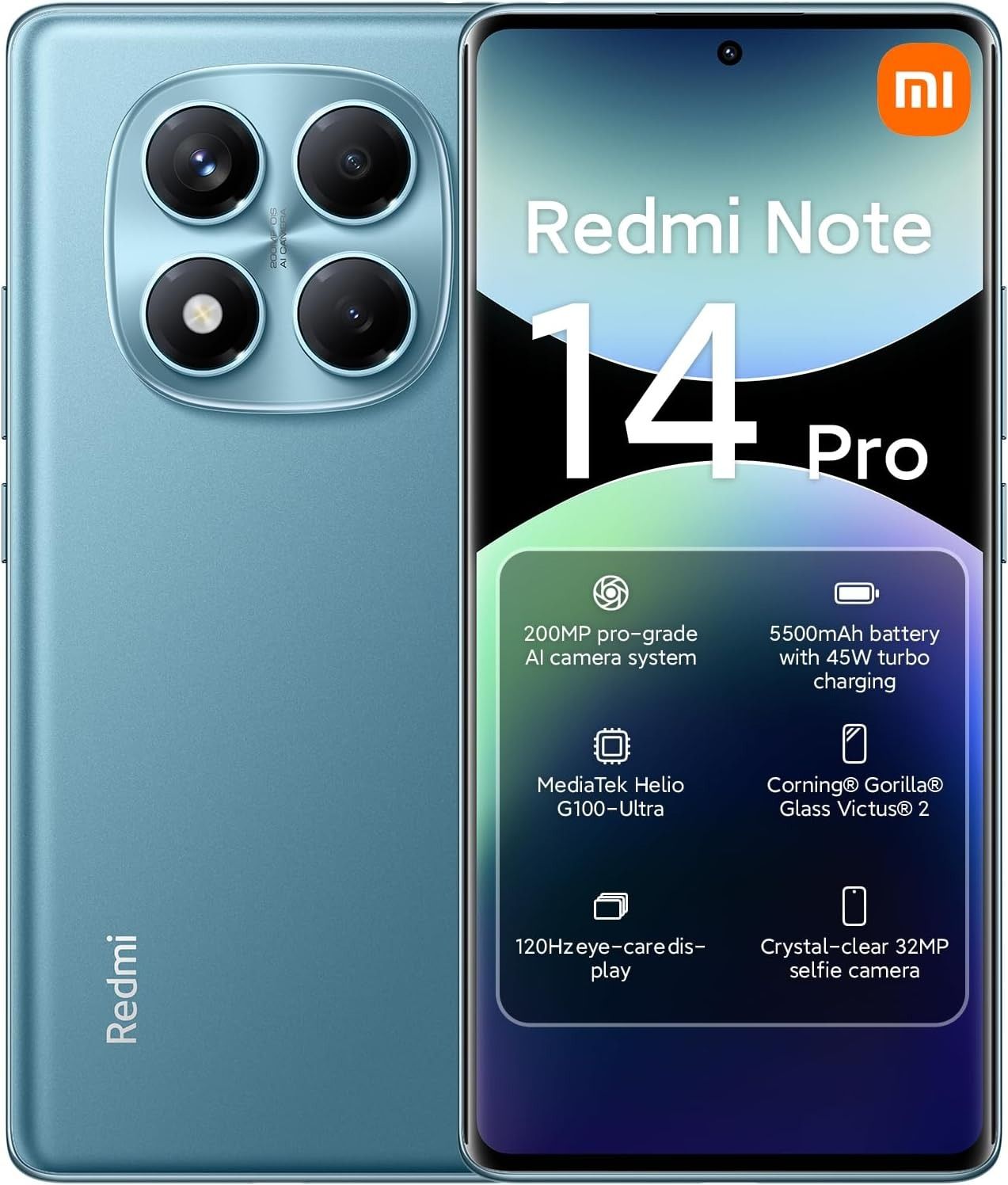 Xiaomi Redmi Note 14 Pro 5G LTE (for Tmobile Mint Tello & Global) (256GB + 8GB) 6.67" 120Hz 200MP AI Camera Model 24116RACCG Unlocked Dual Sim (Ocean Blue)