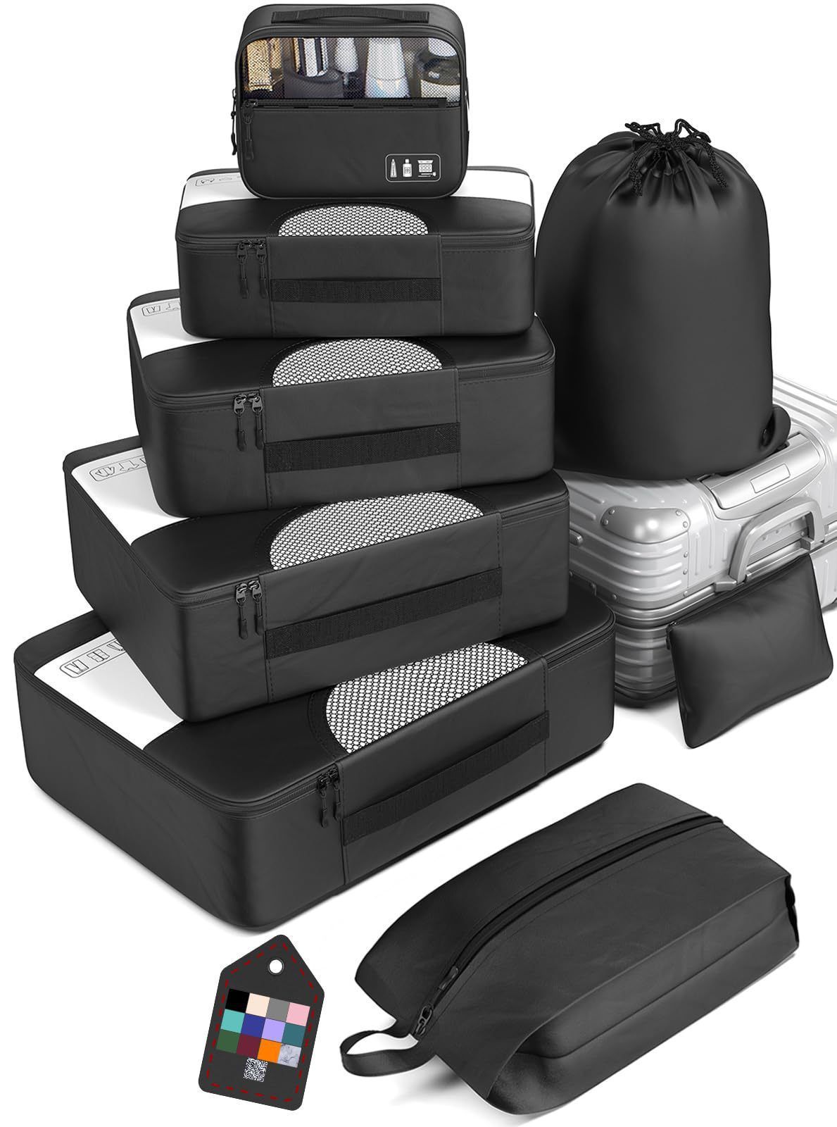 8pcs Premium Luggage Travel Organizers for Suitcase Set Includes:
2 Large Cubes | 1 Medium Cube | 2 Small Cubes | 1 Multipurpose Bag | 1 Accessory Bag | 1 Laundry/Shoe Bag