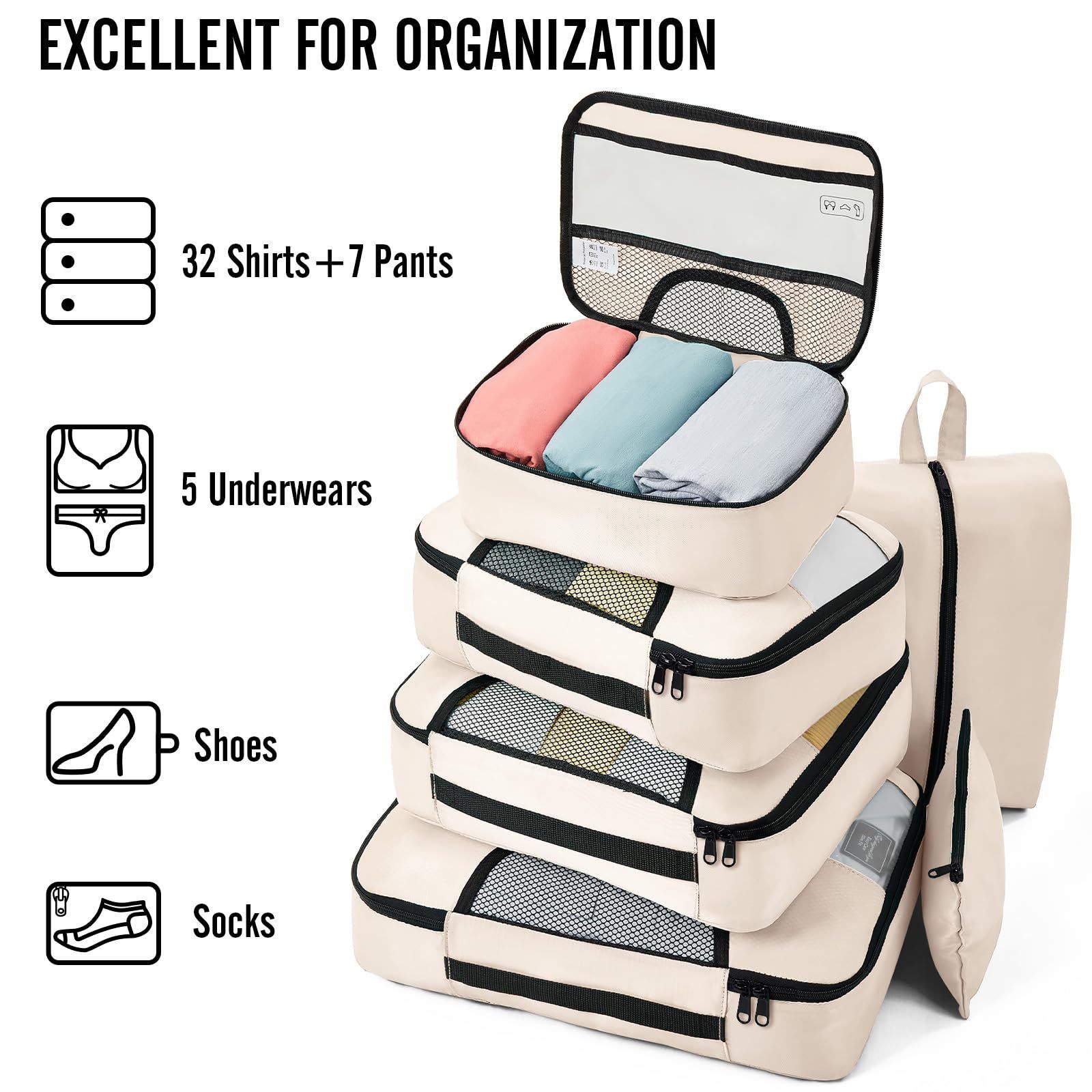 8pcs Premium Luggage Travel Organizers for Suitcase Set Includes:
2 Large Cubes | 1 Medium Cube | 2 Small Cubes | 1 Multipurpose Bag | 1 Accessory Bag | 1 Laundry/Shoe Bag