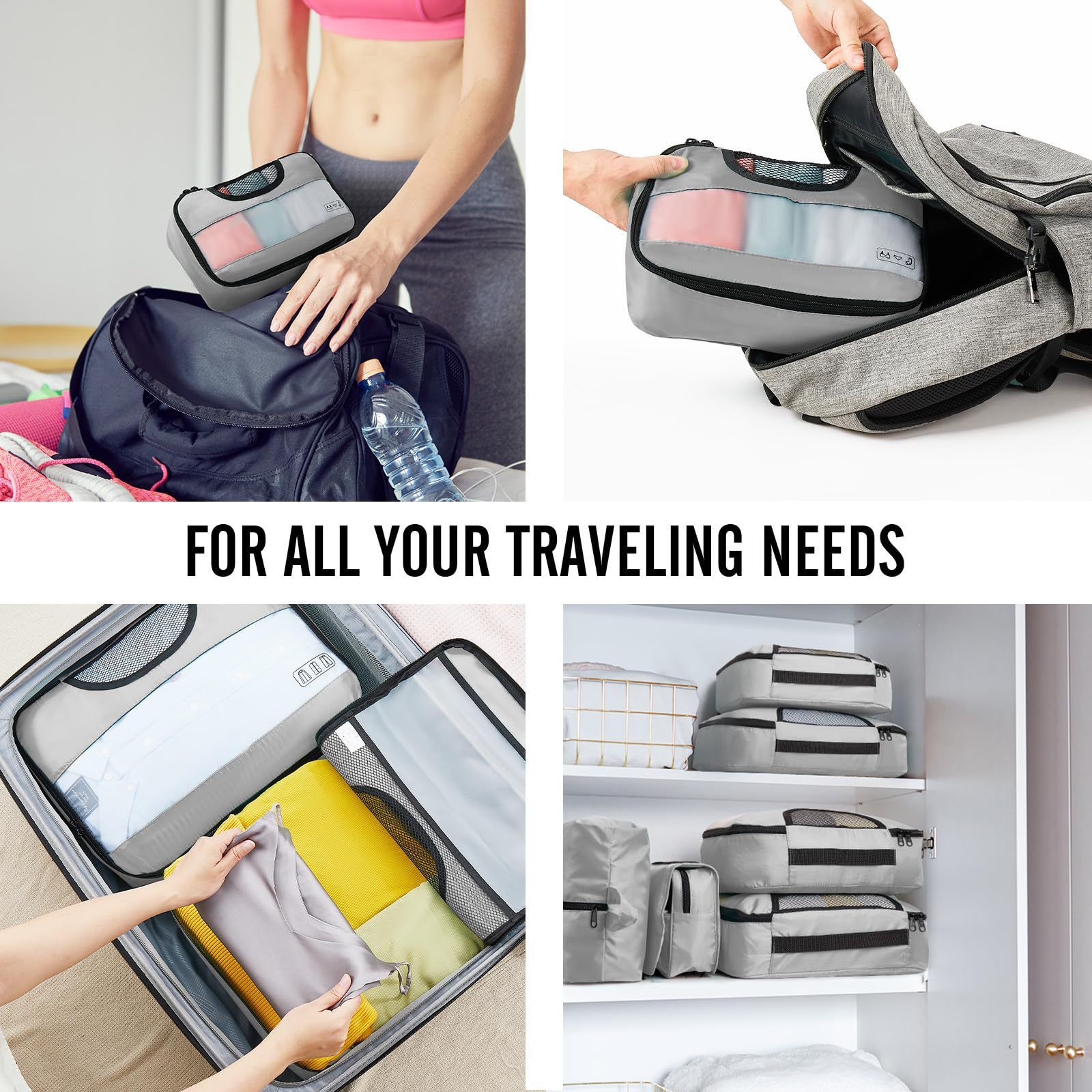 8pcs Premium Luggage Travel Organizers for Suitcase Set Includes:
2 Large Cubes | 1 Medium Cube | 2 Small Cubes | 1 Multipurpose Bag | 1 Accessory Bag | 1 Laundry/Shoe Bag