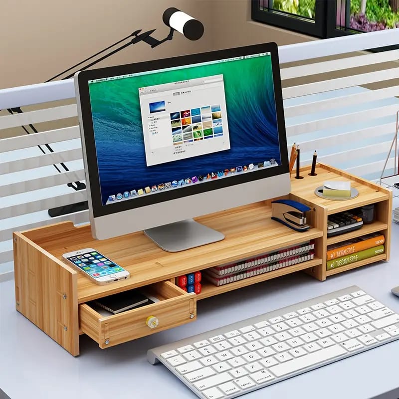Desktop Computer Bamboo Monitor Stand Riser with Desk Storage Organizer