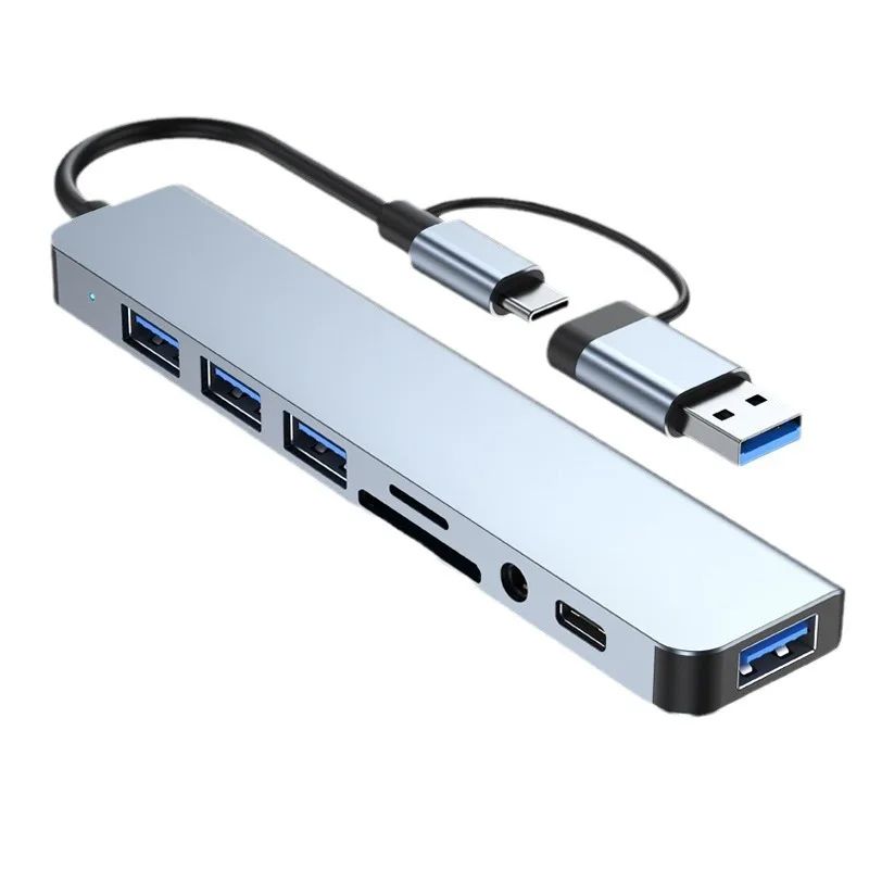 8 in 2 USB +Type C HUB Docking Station with 3.5mm Audio Jack Adapter Micro SD Card Reader Laptop Tablet Phone Disk Converter