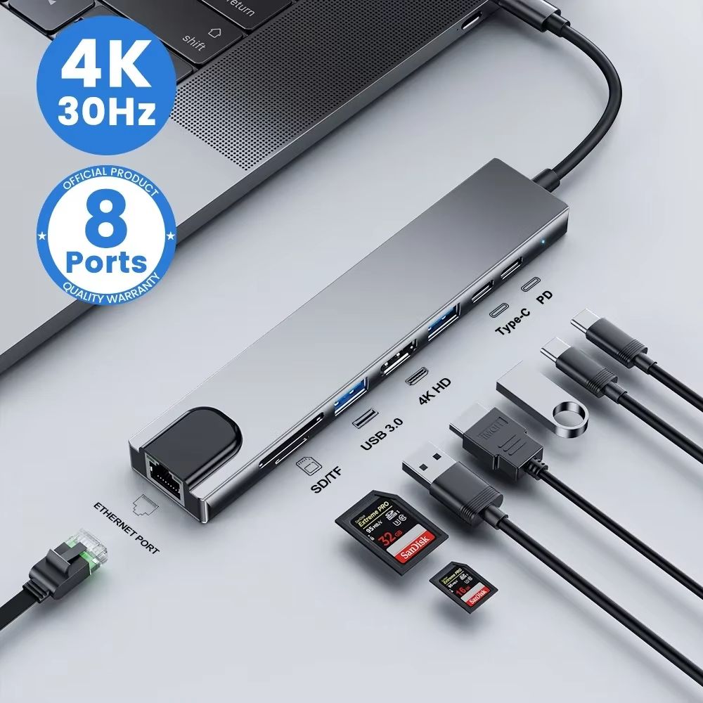 USB C Hub 8 In 1 Type C 3.1 To 4K HDMI Adapter with RJ45 SD/TF Card Reader PD Fast Charge for MacBook Notebook Laptop Computer