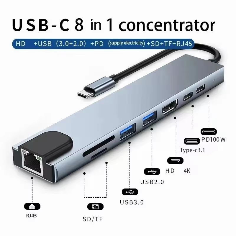 USB C Hub 8 In 1 Type C 3.1 To 4K HDMI Adapter with RJ45 SD/TF Card Reader PD Fast Charge for MacBook Notebook Laptop Computer