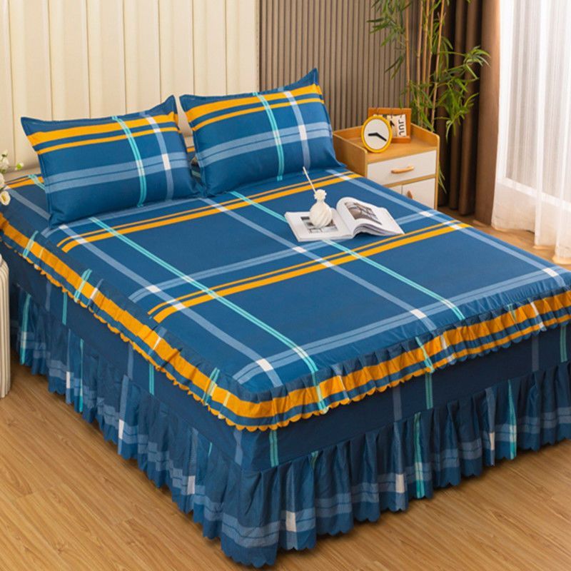 3pcs Elegant Plaid Bed Sheet Sets (1 bed sheet + 2 pillow cases) Triple Ruffle Bedspread Bed Skirt Skin-friendly Bedding Set